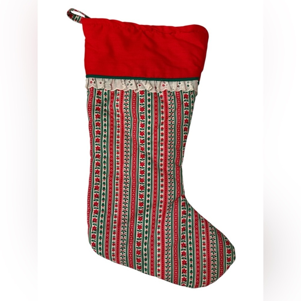 Vtg Christmas Stocking Country Quilted Handmade Green W/Red Top Trim 14"